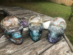 orgonite large crystal skulls with embedded copper merkaba, unique handmade