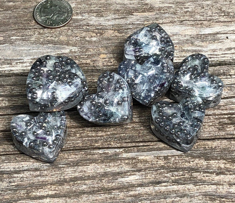 Tower Buster Mini Hearts, set of 4, Orgone with Rainbow Fluorite