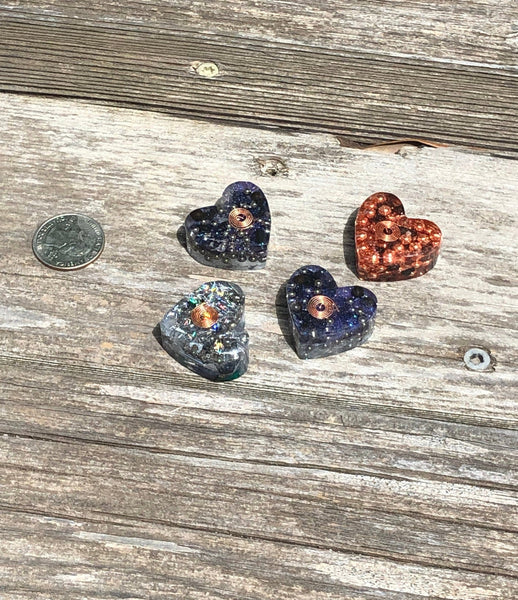 Tower Buster Mini Hearts, set of 4, Orgone with Smokey Quartz, Malachite, Labradorite, Rainbow Moonstone