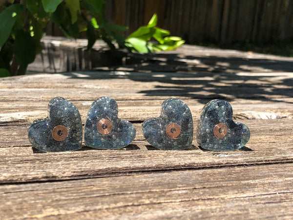 Tower Buster Mini Hearts, set of 4, Orgone with Larimar, Tanzanite, and Purple Opal