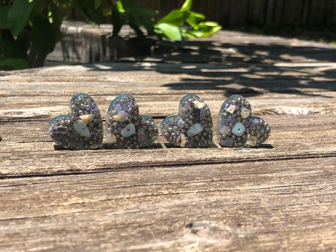 Tower Buster Mini Hearts, set of 4, Orgone with Larimar, Tanzanite, and Purple Opal