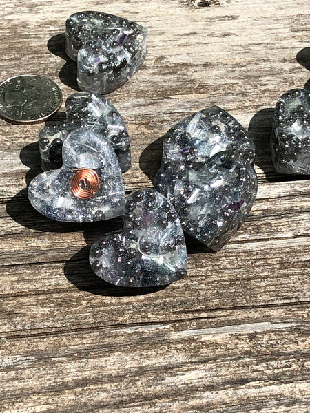 Tower Buster Mini Hearts, set of 4, Orgone with Rainbow Fluorite