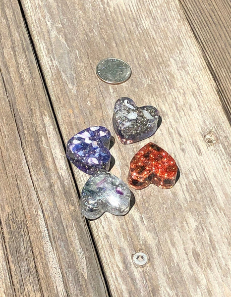 Tower Buster Mini Hearts, set of 4, orgone energy with Smokey Quartz, Rainbow Fuorite, Sodalite, Rainbow Moonstone