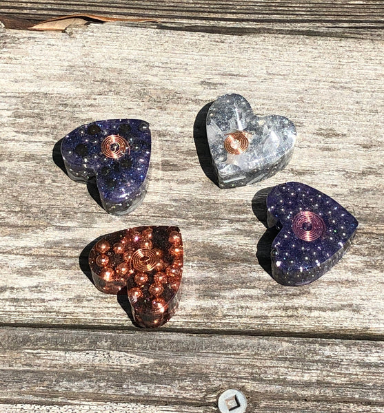 Tower Buster Mini Hearts, set of 4, orgone energy with Smokey Quartz, Rainbow Fuorite, Sodalite, Rainbow Moonstone