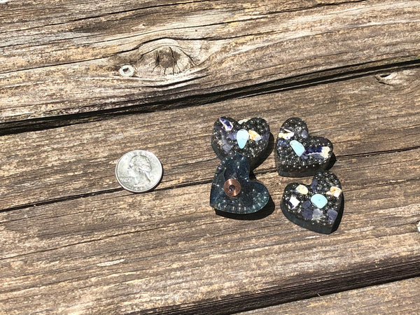 Tower Buster Mini Hearts, set of 4, Orgone with Larimar, Tanzanite, and Purple Opal