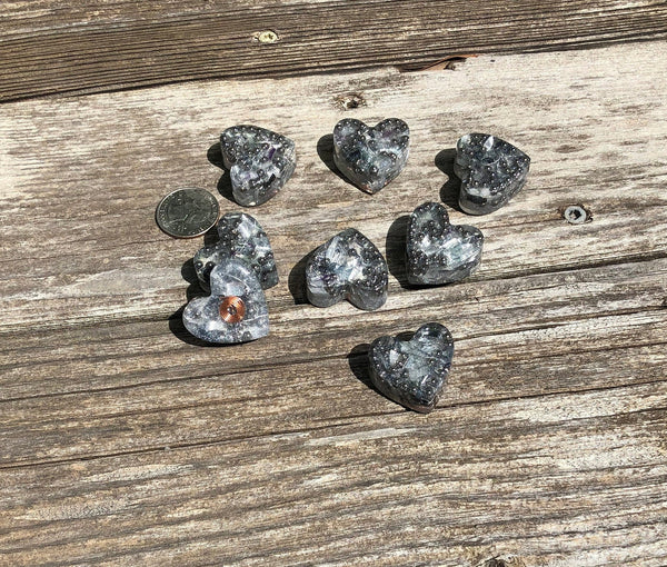 Tower Buster Mini Hearts, set of 4, Orgone with Rainbow Fluorite