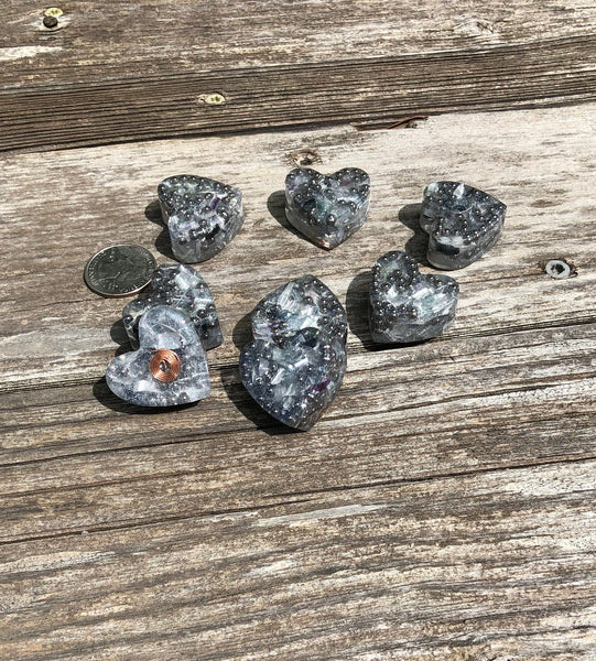 Tower Buster Mini Hearts, set of 4, Orgone with Rainbow Fluorite