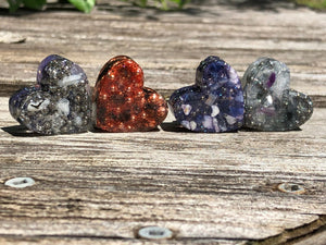 Tower Buster Mini Hearts, set of 4, orgone energy with Smokey Quartz, Rainbow Fuorite, Sodalite, Rainbow Moonstone