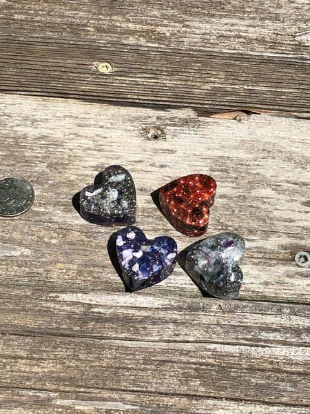 Tower Buster Mini Hearts, set of 4, orgone energy with Smokey Quartz, Rainbow Fuorite, Sodalite, Rainbow Moonstone