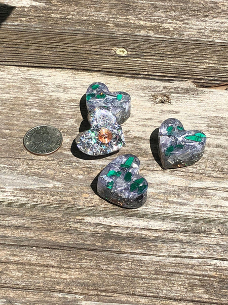 Tower Buster Mini Hearts, set of 4, Orgone with Malachite