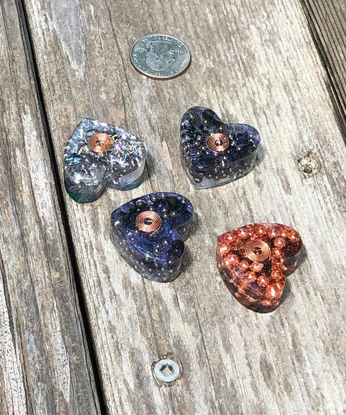 Tower Buster Mini Hearts, set of 4, Orgone with Smokey Quartz, Malachite, Labradorite, Rainbow Moonstone