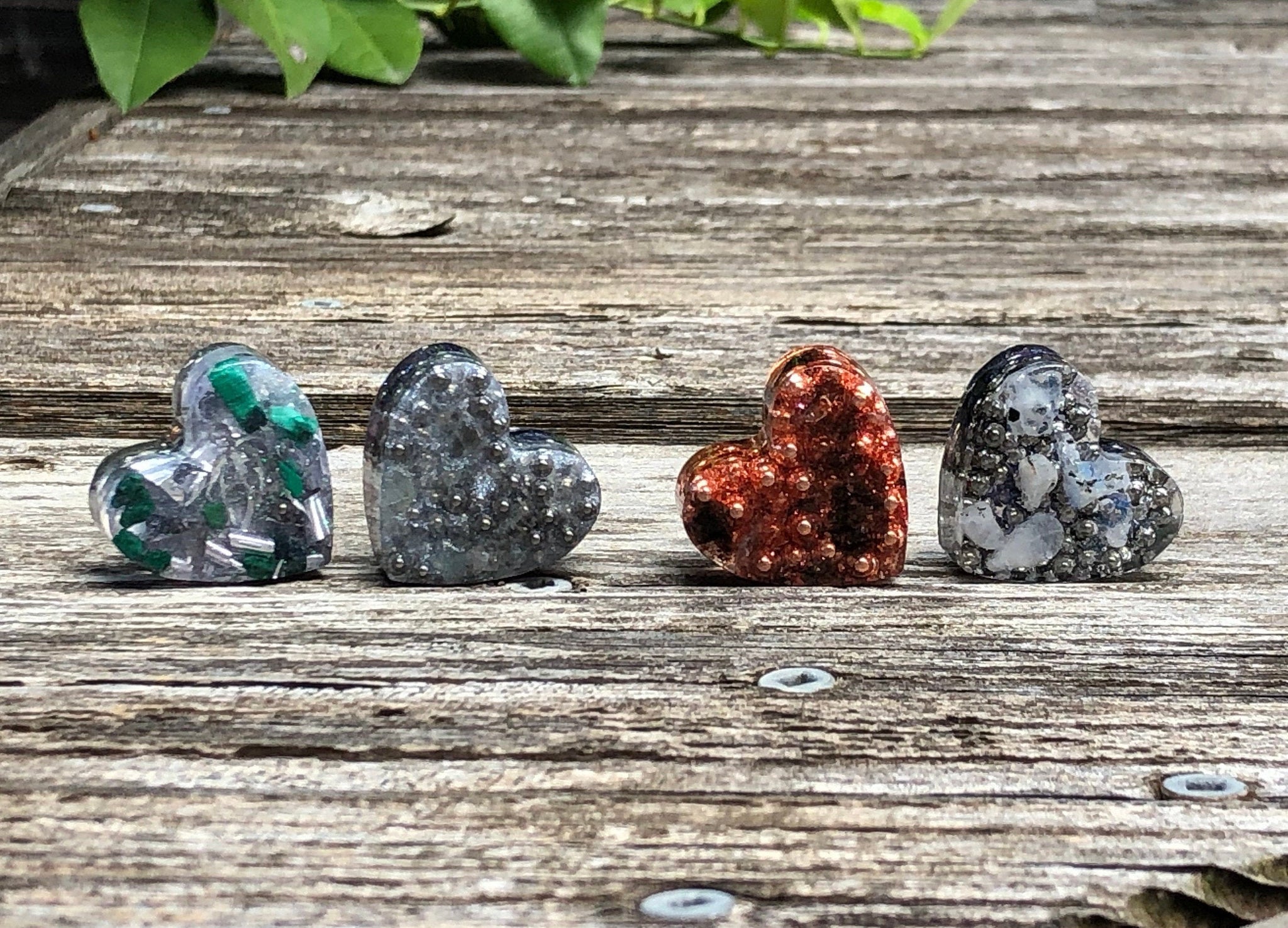 Tower Buster Mini Hearts, set of 4, Orgone with Smokey Quartz, Malachite, Labradorite, Rainbow Moonstone