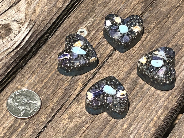 Tower Buster Mini Hearts, set of 4, Orgone with Larimar, Tanzanite, and Purple Opal