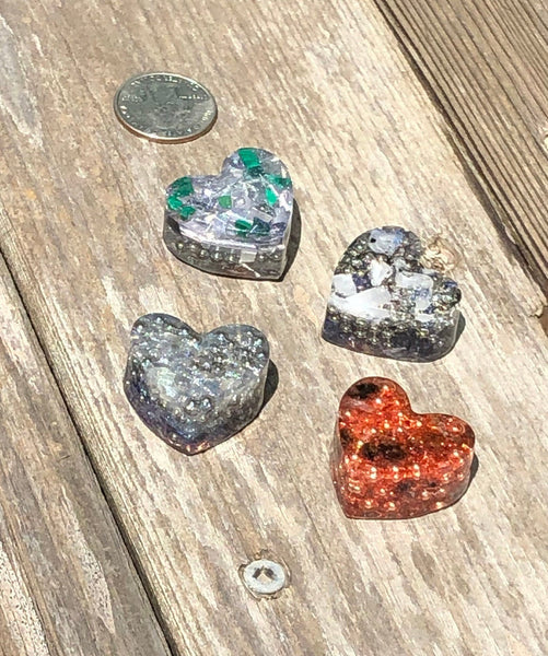 Tower Buster Mini Hearts, set of 4, Orgone with Smokey Quartz, Malachite, Labradorite, Rainbow Moonstone