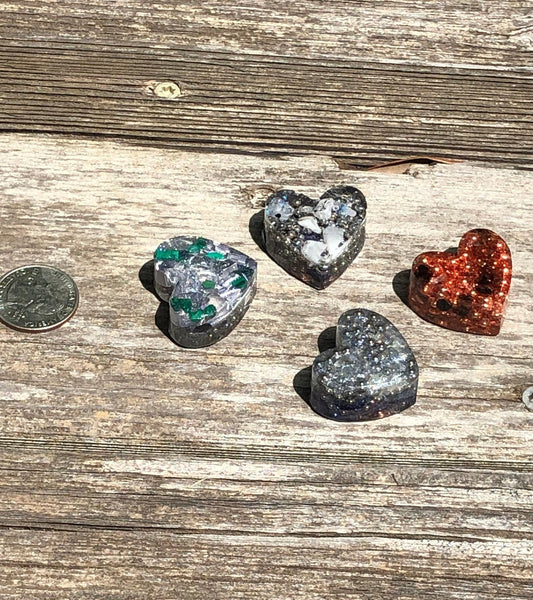 Tower Buster Mini Hearts, set of 4, Orgone with Smokey Quartz, Malachite, Labradorite, Rainbow Moonstone