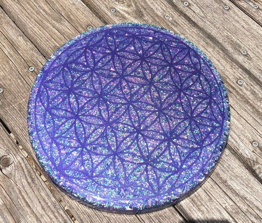 Crystal Grid 12” Selenite Charging Plate Orgone Flower of Life